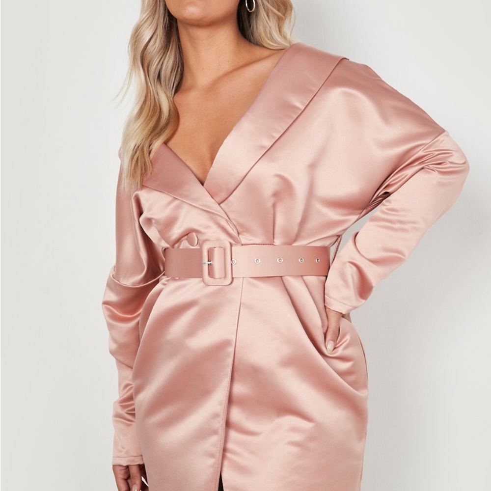 Plus Satin Belted Off Shoulder Blazer Dress